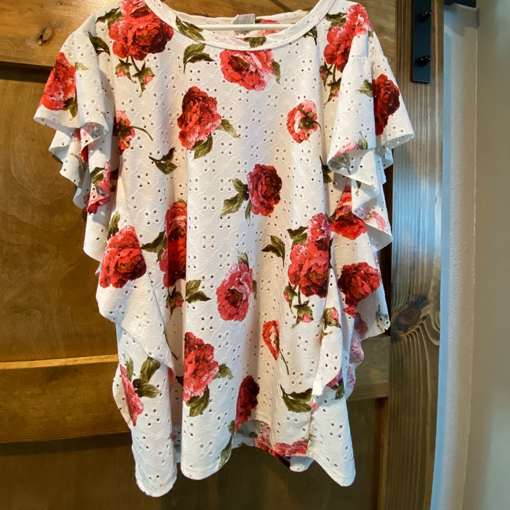 White blouse with strawberry color roses eyelet shirt